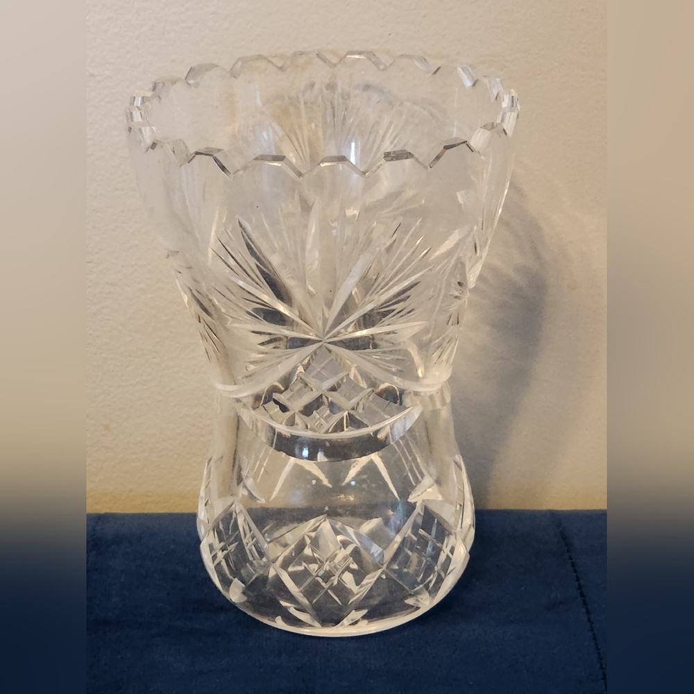 Vintage Cut Crystal Vase 6" Pinwheel Design Sawtooth Rim